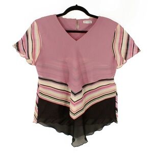 Vintage 00s Y2K Multi Layered Overlay Stripe Sheer Pink Black Short Sleeve Top